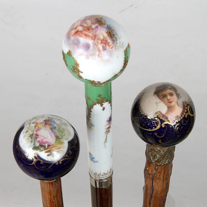 Appraisal: Three Porcelain Knob Canes A nice group of three porcelain