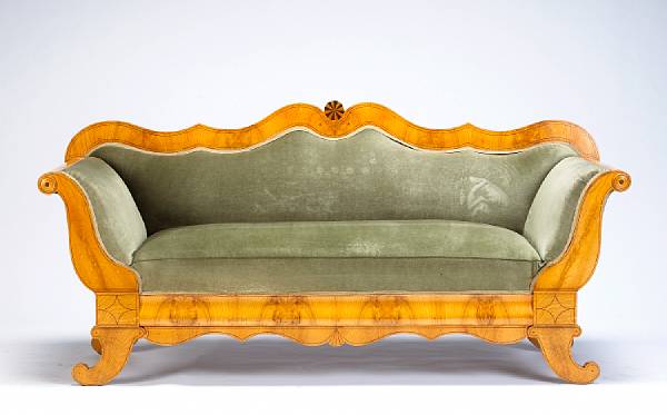 Appraisal: A Biedermeier inlaid birch settee mid th century The line