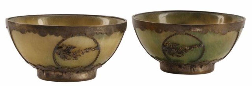 Appraisal: pair Chinese metal-mounted hardstone bowls approx h diam lbs total