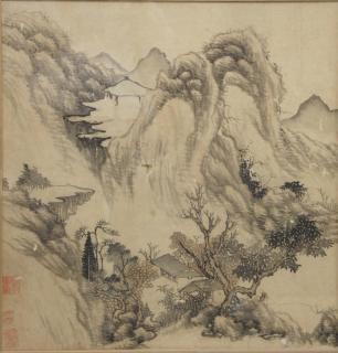 Appraisal: Vintage Chinese Inks on Silk Landscape Painting Depicting a lonely