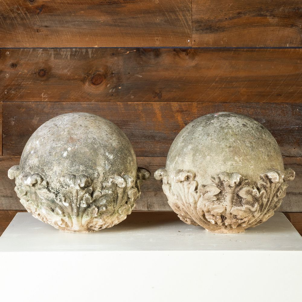 Appraisal: Pair of Acanthus Decorated Composition Garden Orbs x in diam