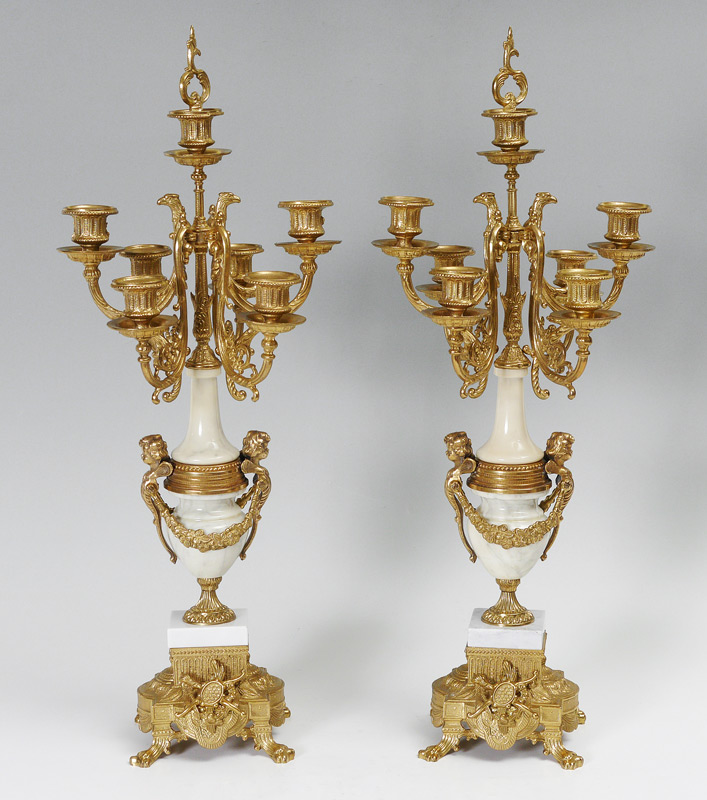 Appraisal: SET OF TWO GILT BRONZE AND MARBLE FRENCH CANDLEABRA Each