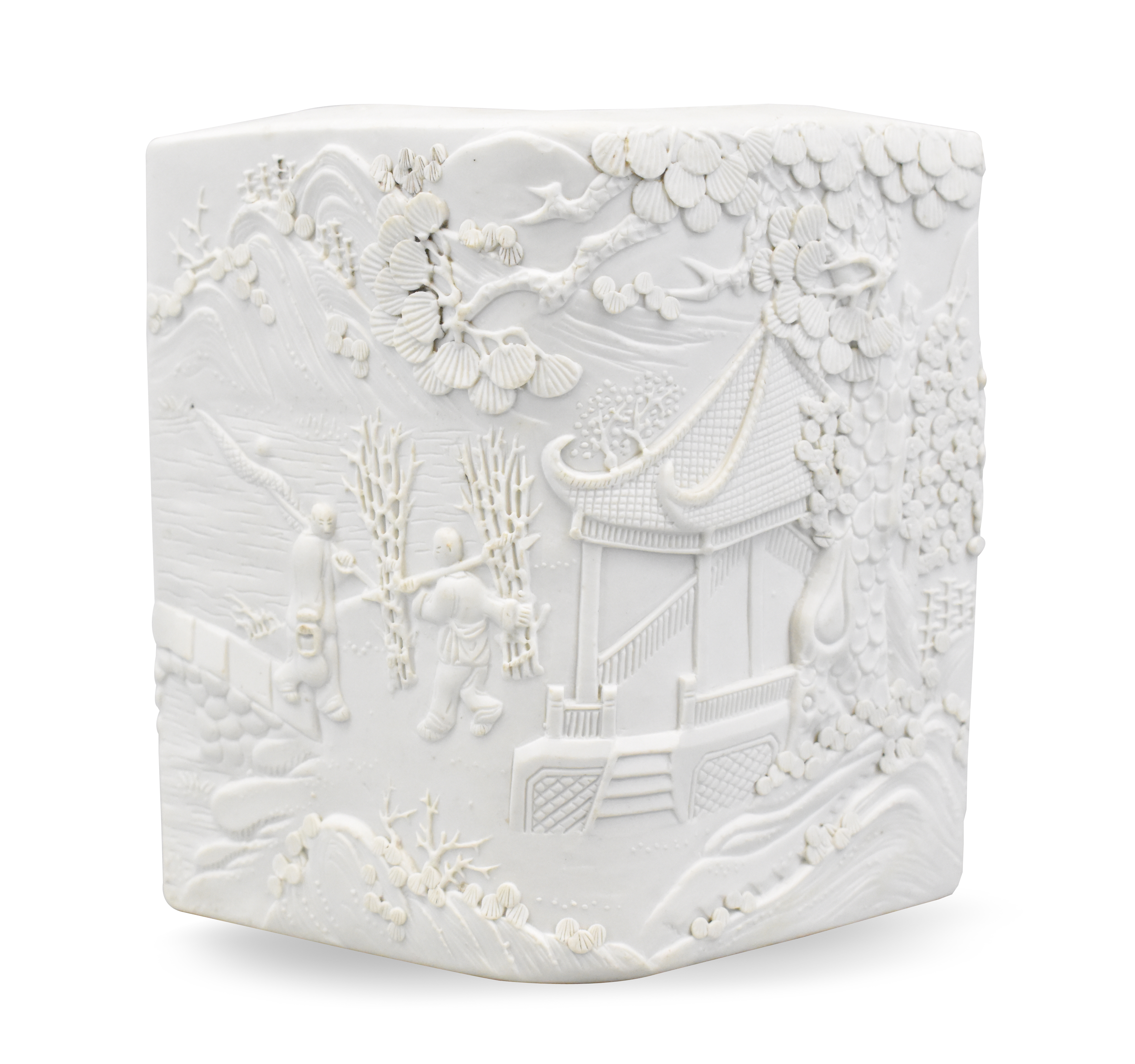 Appraisal: A Chinese diamond shaped white glazed carved brushpot dating from