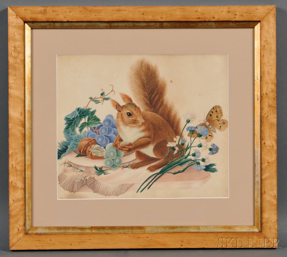 Appraisal: American School th Century Squirrel with Walnuts Flowers Fruit and