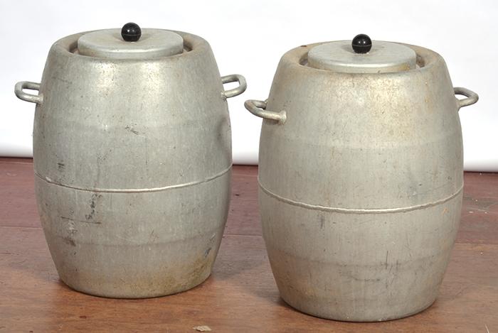 Appraisal: PAIR OF METAL STORAGE VATS PAIR OF METAL STORAGE VATS