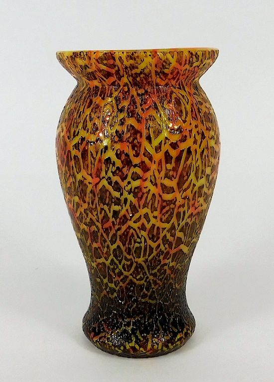 Appraisal: Kralik Orange Crackle Bohemian Art Glass Vase Bohemia th Century