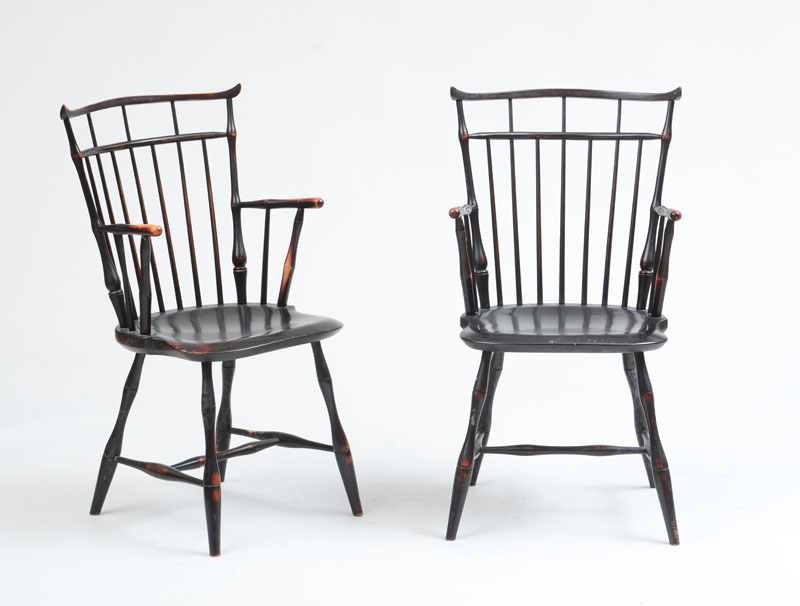 Appraisal: PAIR OF REPRODUCTION BIRDCAGE WINDSOR ARMCHAIRS IN BLACK PAINT BY