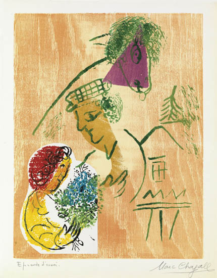 Appraisal: MARC CHAGALL Couple au bouquet Color woodcut with collage on