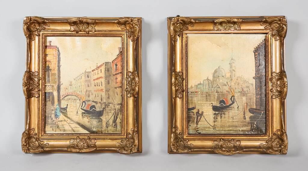 Appraisal: Pair of oil on canvas Venetian canal scenes Signed illegibly