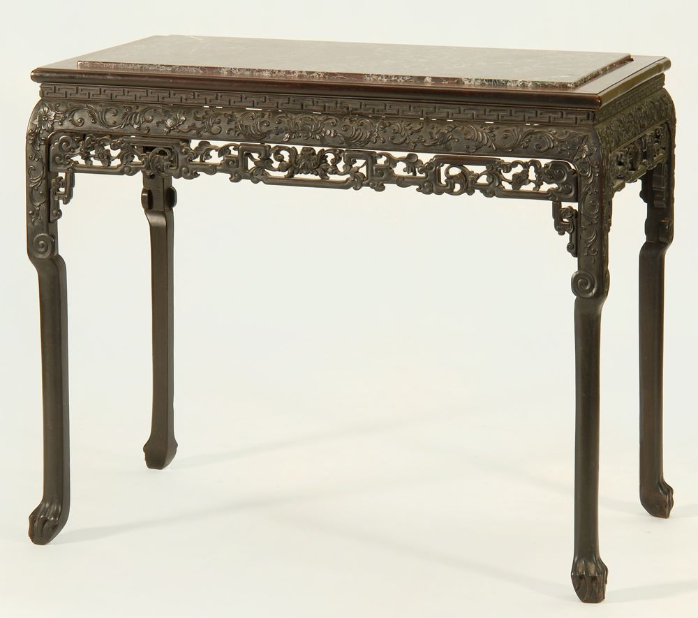 Appraisal: CHINESE HUNG MU WOOD MARBLE-TOP SIDE TABLE Mid- th CenturyIn