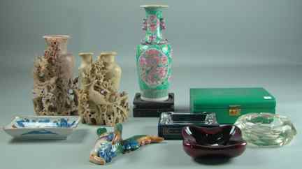 Appraisal: GROUP OF ASSORTED DECORATIONS including two Chinese soapstone carved vases