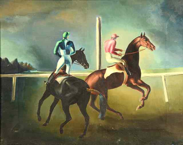 Appraisal: JOHN SKEAPING - Two mounted jockeys oils on canvas x