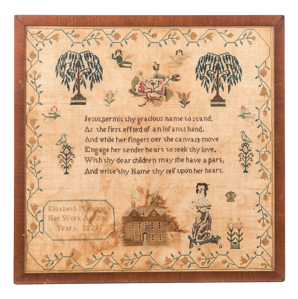 Appraisal: Elizabeth Mansergh Needlepoint Sampler Measures tall wide Good original condition