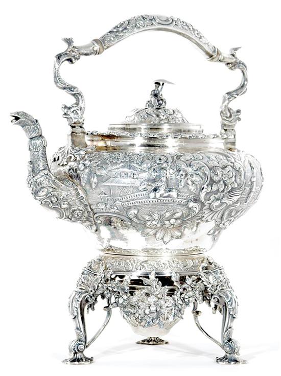 Appraisal: Fine Regency chinoiserie sterling kettle on stand J E Terry