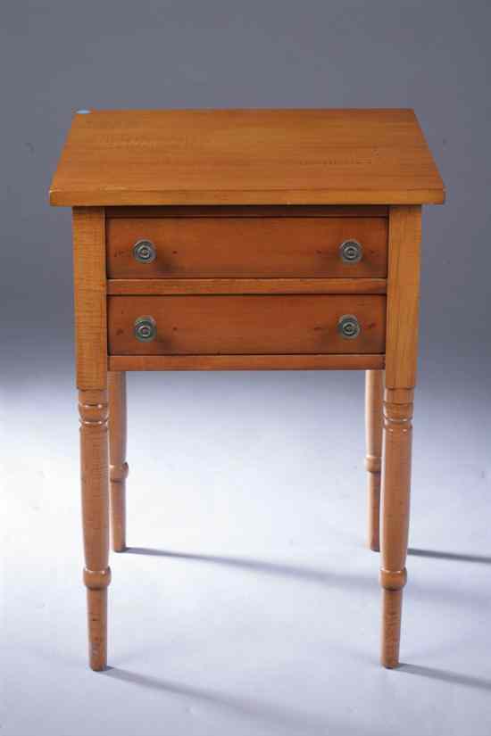 Appraisal: AMERICAN SHERATON TWO-DRAWER MAPLE WORK TABLE Baluster and ball-turned tapering