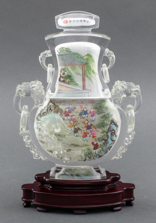 Appraisal: CHINESE REVERSE PAINTED ROCK CRYSTAL COVERED VASE Chinese reverse painted