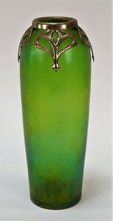 Appraisal: Czech Art Nouveau Silver Overlay Iridescent Vase Czeckoslovakia C A