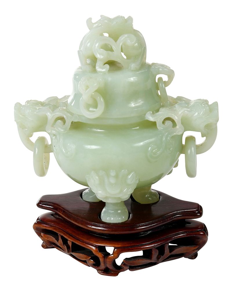 Appraisal: Jade Carved Censer Chinese th century finely carved two dragon