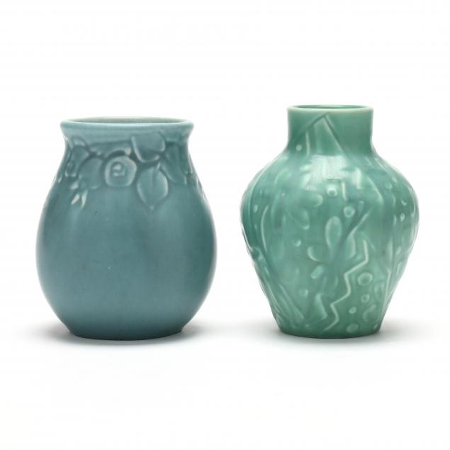 Appraisal: TWO ROOKWOOD ART POTTERY PRODUCTION VASES Matte jade green in