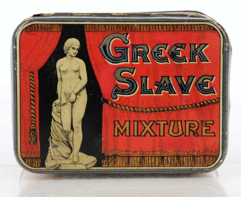 Appraisal: Greek Slave Mixture Tobacco Horizontal Pocket Tin Description Scarce round