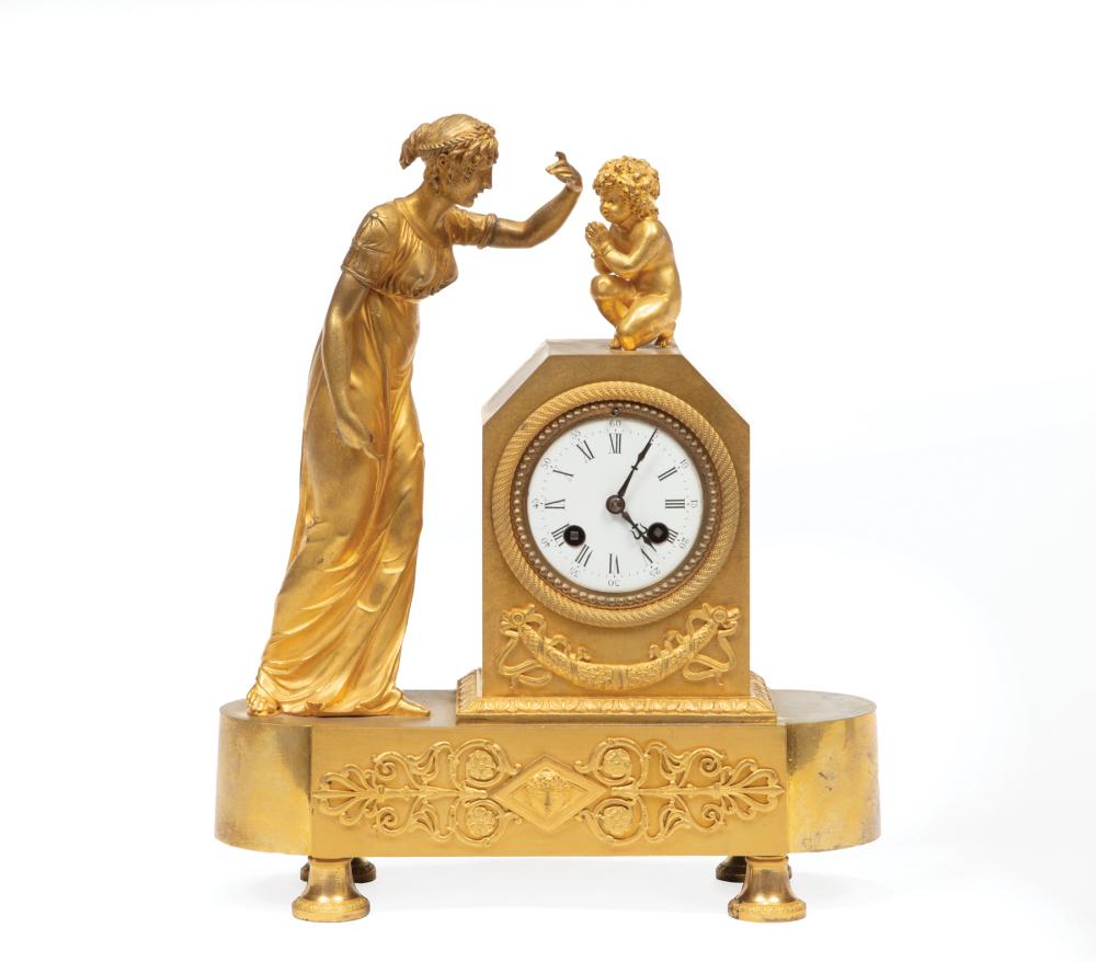 Appraisal: Antique French Gilt Bronze Figural Mantel Clock porcelain dial striking