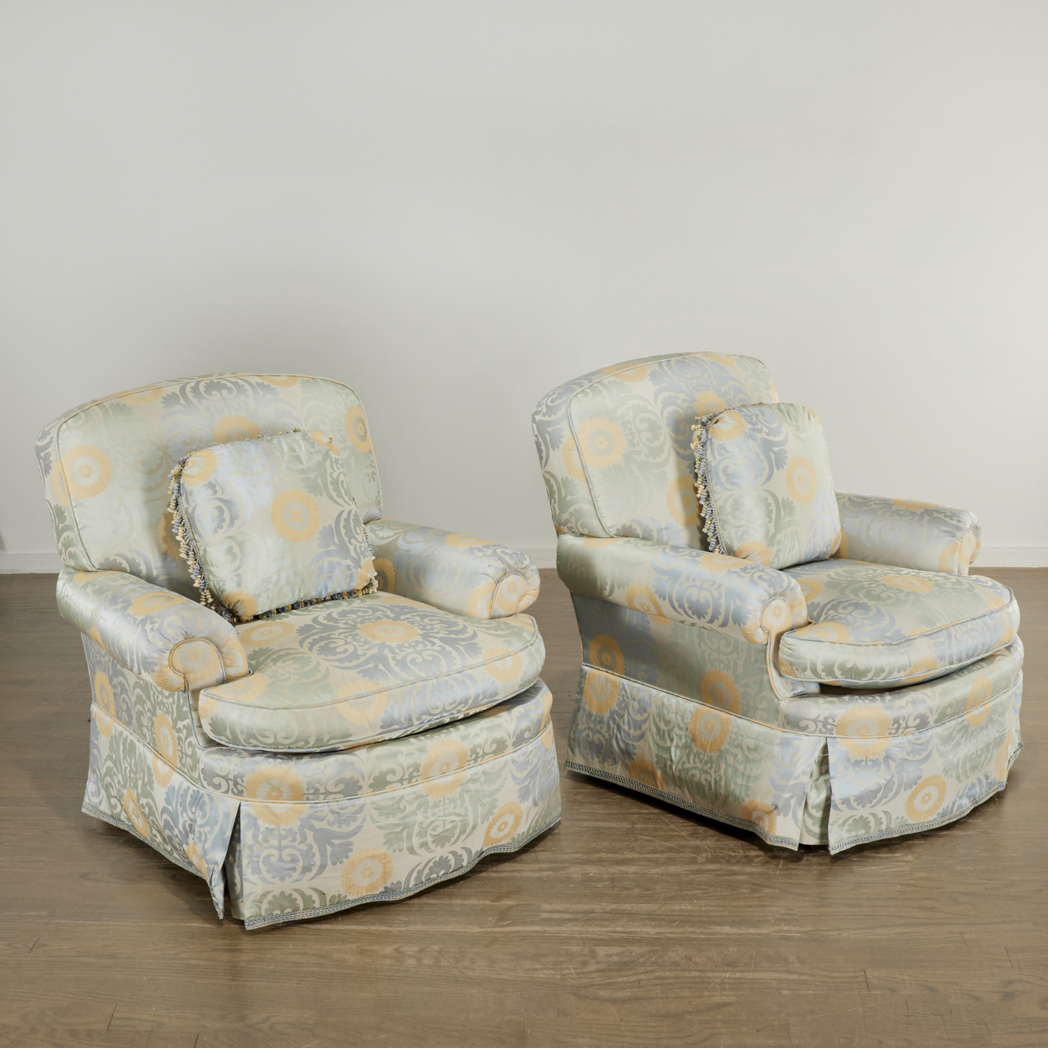 Appraisal: PAIR CUSTOM SILK DAMASK LOUNGE CHAIRS th c American rolled