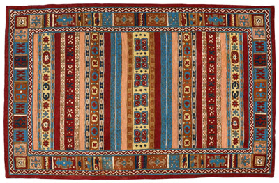 Appraisal: Hand-embroidered rug central panel with bands of varying symbols similar