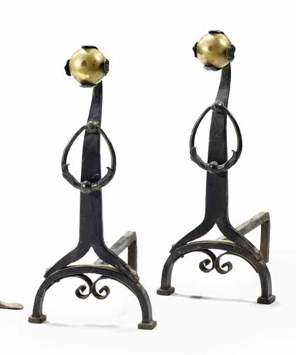 Appraisal: Pair of Arts and Crafts brass and iron andirons early