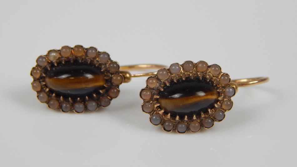 Appraisal: A pair of drop earrings with tigers eye and moonstone