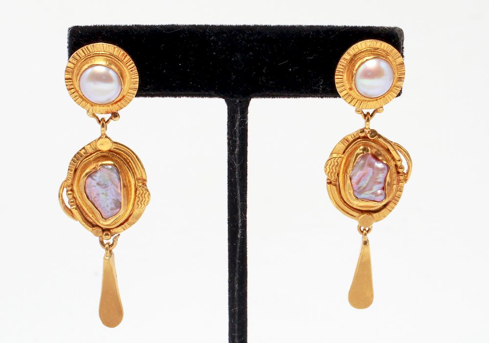 Appraisal: K K Yellow Gold Pearls Dangle Earrings Pr High karat