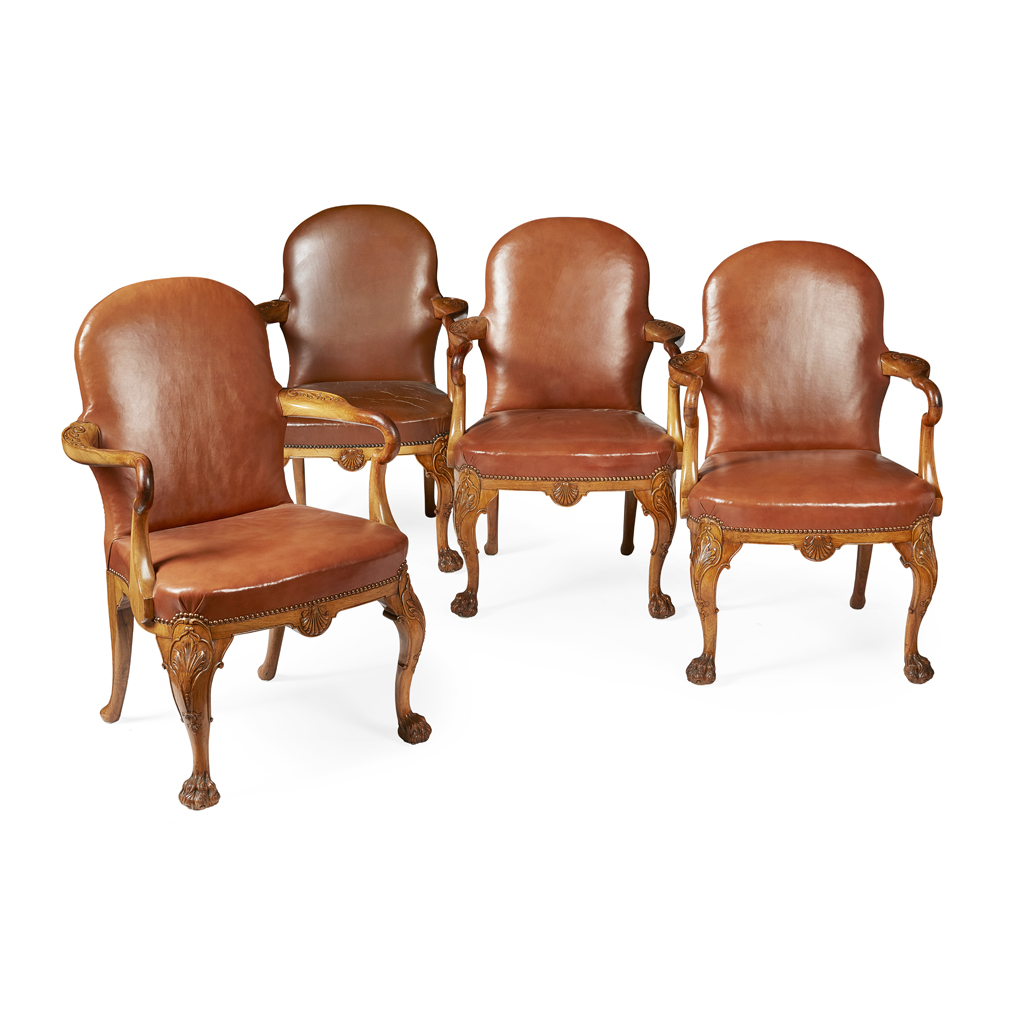 Appraisal: SET OF FOUR GEORGE II STYLE WALNUT ARMCHAIRS EARLY TH