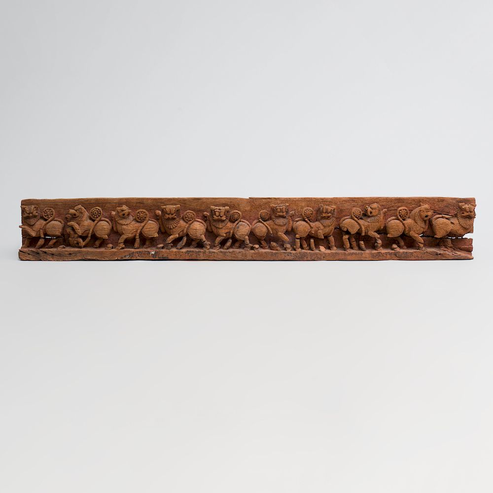 Appraisal: Indian Carved Hardwood Frieze Depicting Lions Mysore x x in