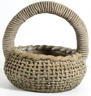 Appraisal: Large Cast Stone Woven Basket Planter With twist handle H