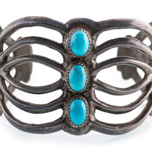 Appraisal: Navajo Sandcast Silver and Turquoise Cuff Bracelet third quarter th