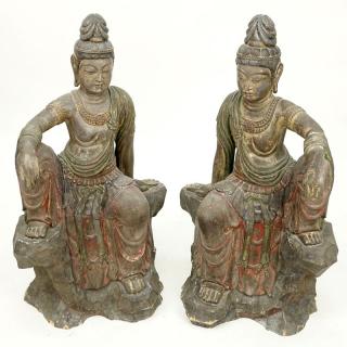 Appraisal: Pair Of Modern Asian Polychrome Carved Wood Buddha Figures Pair