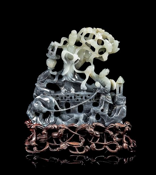 Appraisal: A Black and White Jade Figural Group Height inches A