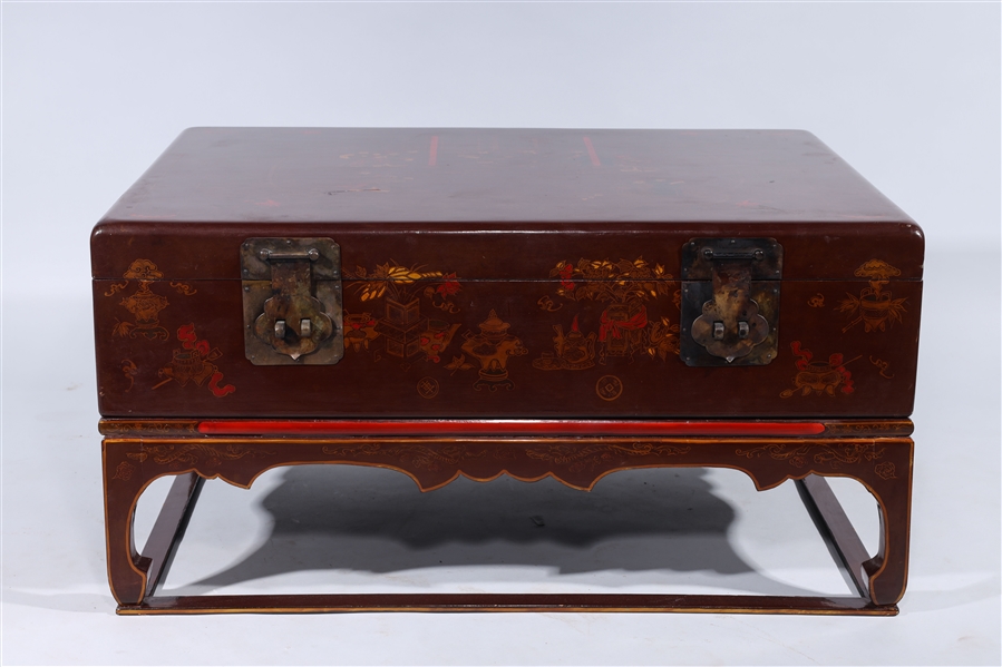 Appraisal: Large Chinese lacquer chest on matching stand metal fittings losses