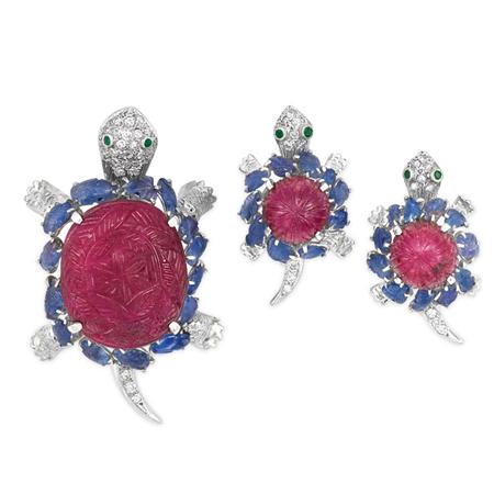 Appraisal: White Gold Carved Ruby Sapphire and Diamond Turtle Brooch and