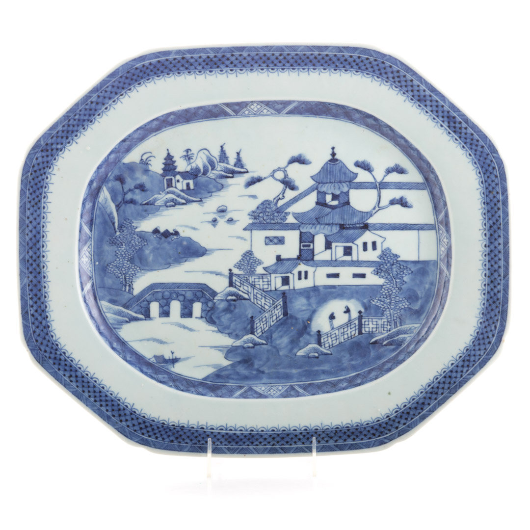 Appraisal: Chinese Export Nanking octagonal platter circa river scene decoration in