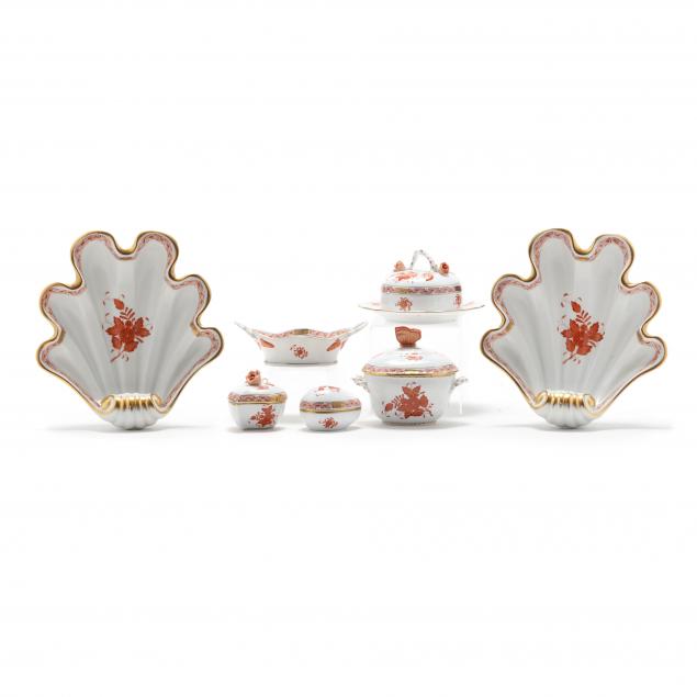 Appraisal: SEVEN HEREND CHINESE BOUQUET RUST PORCELAIN ACCESSORY PIECES To include