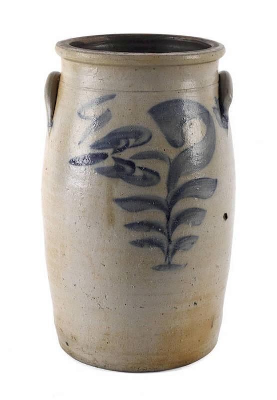 Appraisal: Four-gallon stoneware crock th c with cobalt tulip decoration ''