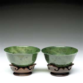 Appraisal: PAIR SPINACH JADE BOWLS Pair of finely carved and delicate