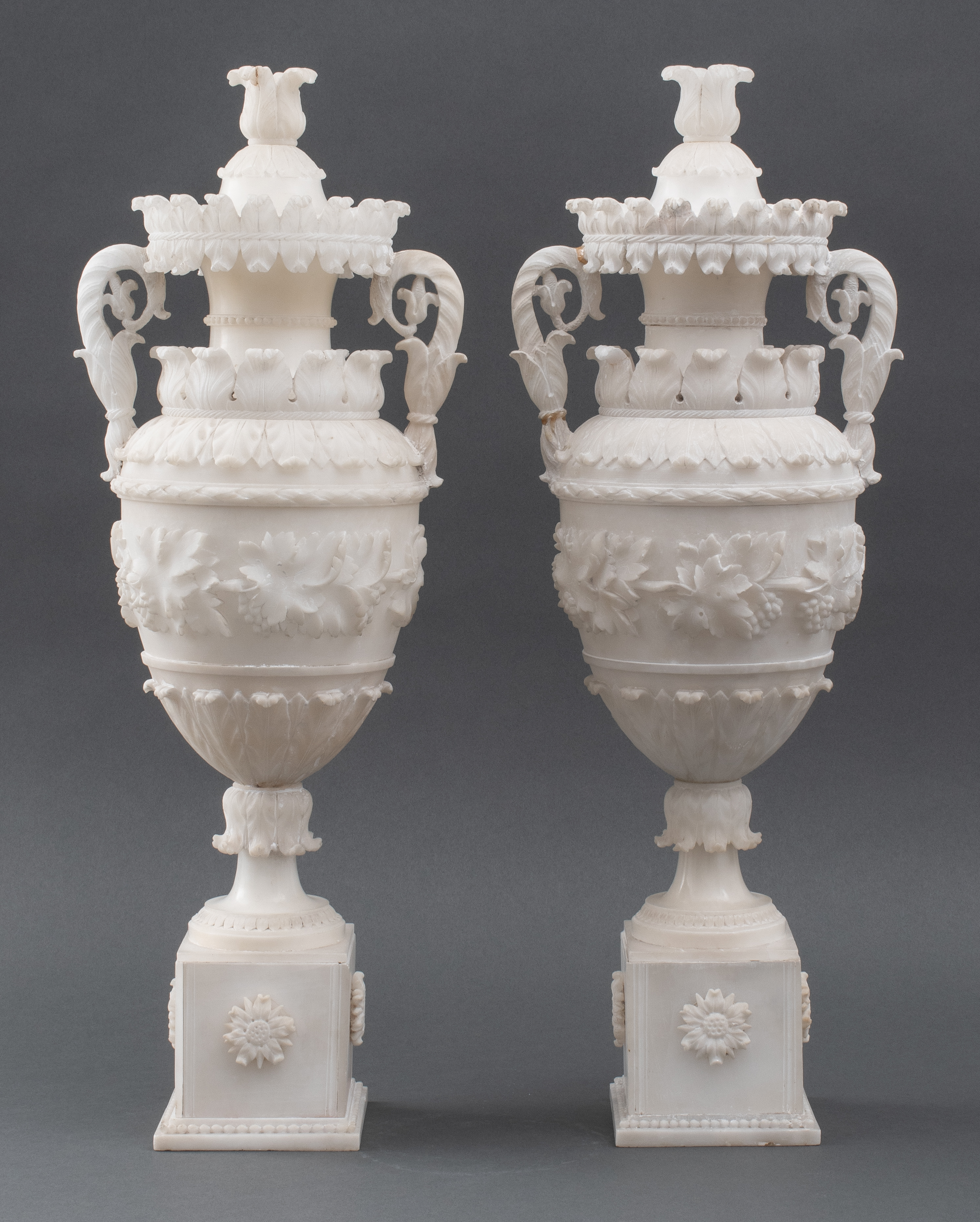 Appraisal: CHARLES X FRENCH CARVED ALABASTER URNS PAIR Charles X pair