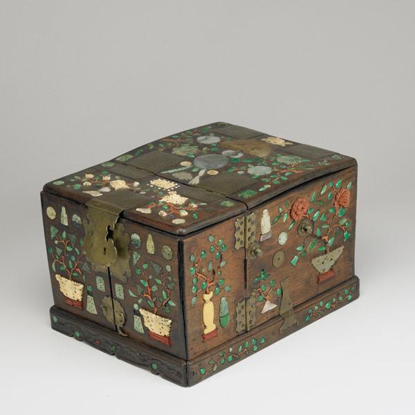 Appraisal: JAPANESE JEWEL BOX Jewel-encrusted mirrored box with jade coral ivory