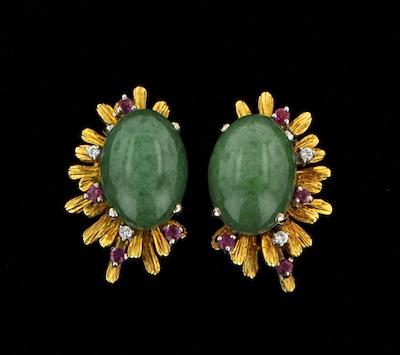 Appraisal: A Pair of k Gold and Jade Earrings with Diamonds