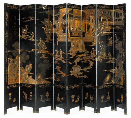 Appraisal: Impressive Chinese polychrome and lacquer eight panel floor screen th