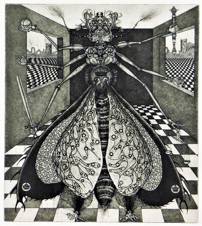 Appraisal: Modernist Humanoid Fly Insect Quarantena Etching La Quarantena edition of