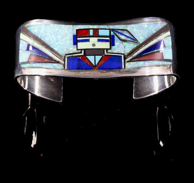 Appraisal: RJ Edaakie Zuni Multistone Mosaic Sterling Cuff For bidding in