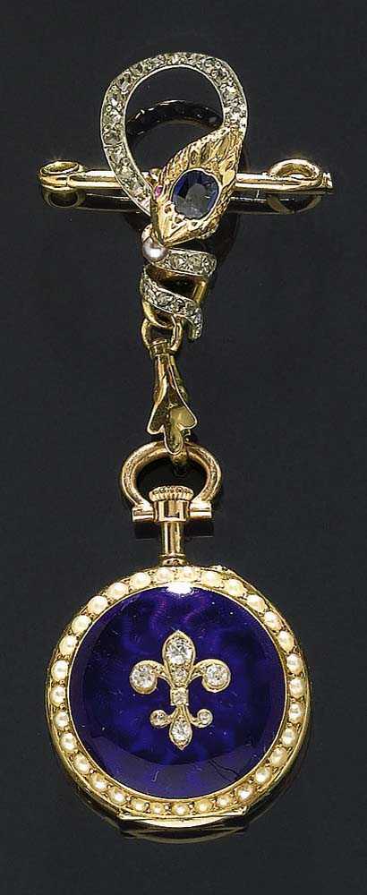 Appraisal: ENAMEL SAPPHIRE AND DIAMOND PENDANT WATCH ca Yellow and ros