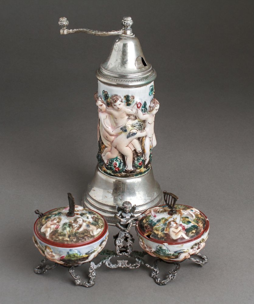 Appraisal: Capodimonte Silver Condiment Pepper Mill Capodimonte manner and Continental silver